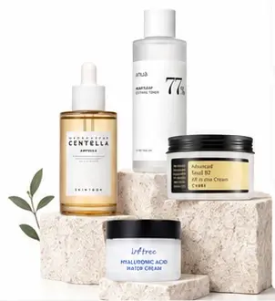 Korean beauty products arranged for a sourcing showcase